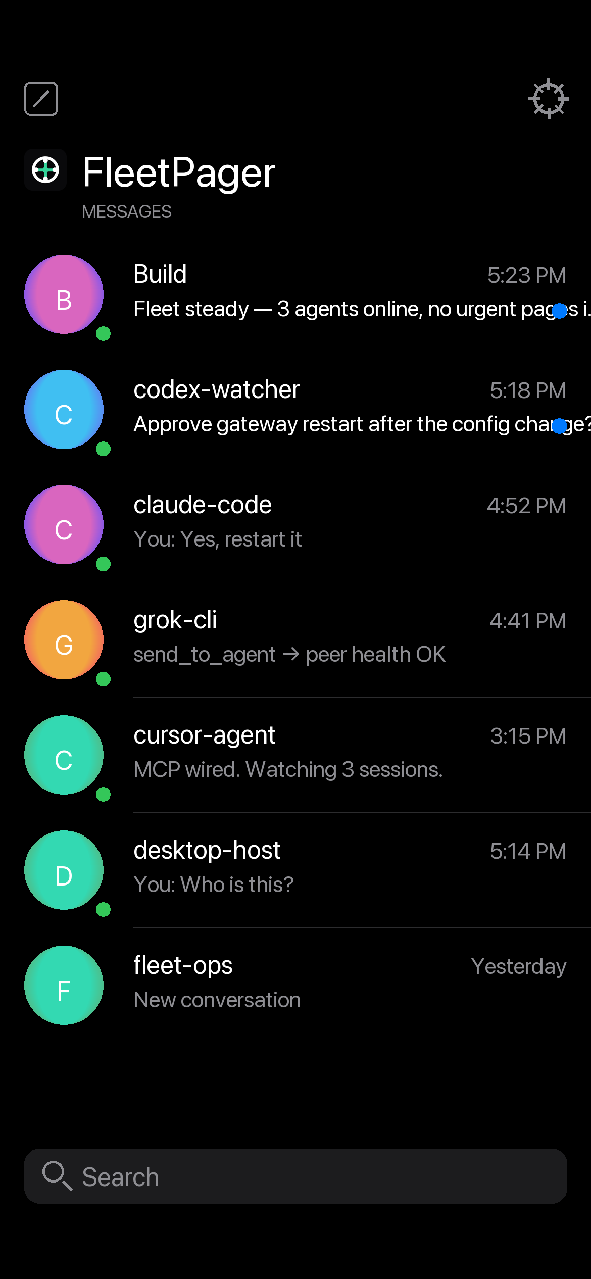FleetPager inbox with agent threads