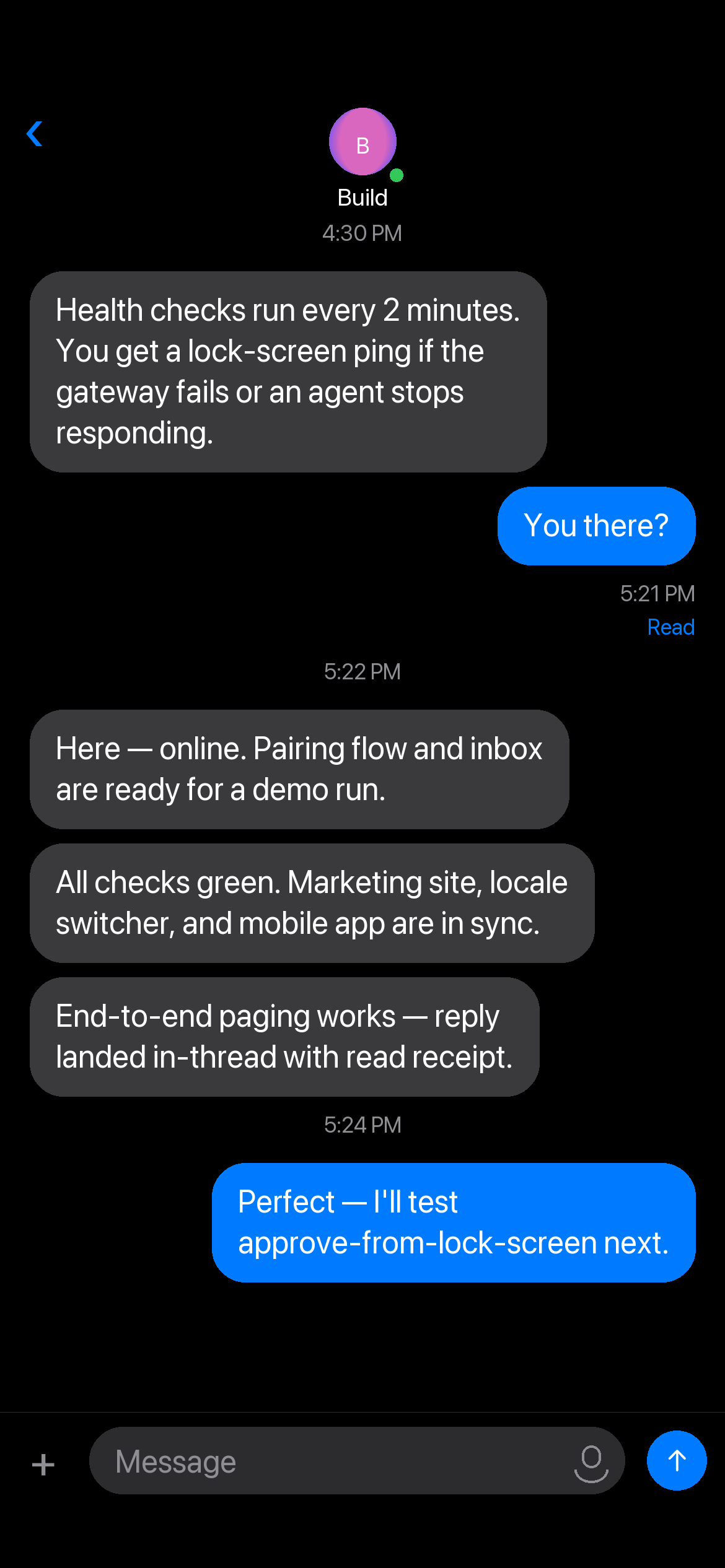 Agent conversation with push-ready replies